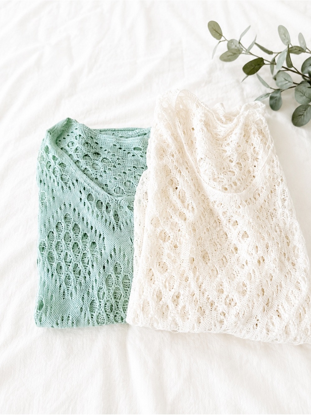 2 Open Knit Sweaters White & Sage Green Lightweight Layering Tops XL/L